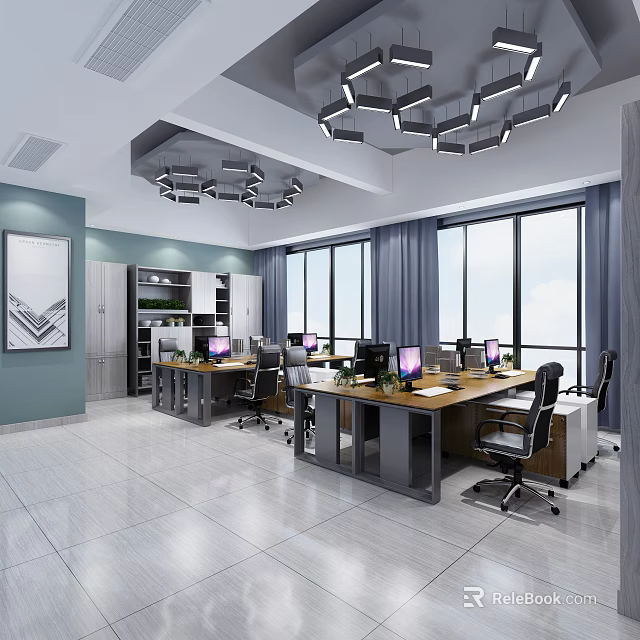 Modern Public Office Space Interior With Large Windows Work Desks And Modern Pendant Lights 3d model 