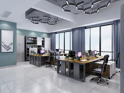 Modern Public Office Space Interior With Large Windows Work Desks And Modern Pendant Lights 3d model