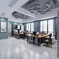 Modern Public Office Space Interior With Large Windows Work Desks And Modern Pendant Lights