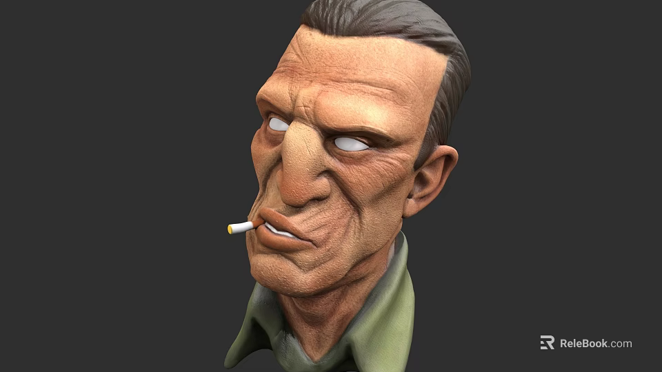 Cartoon Style Game Movie Character With Smoking Cigarette Green Shirt And Wrinkled Face 3d model 