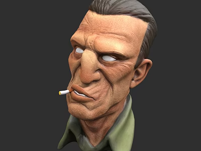 Cartoon Style Game Movie Character With Smoking Cigarette Green Shirt And Wrinkled Face 3d model