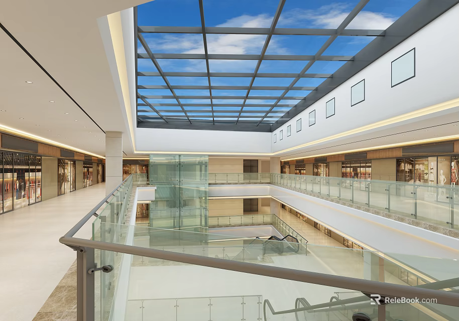 Shopping Mall Atrium With Glass Skylight Blue Sky White Clouds Multiple Floors Glass Railings Shops 3d model 