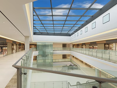 Shopping Mall Atrium With Glass Skylight Blue Sky White Clouds Multiple Floors Glass Railings Shops 3d model