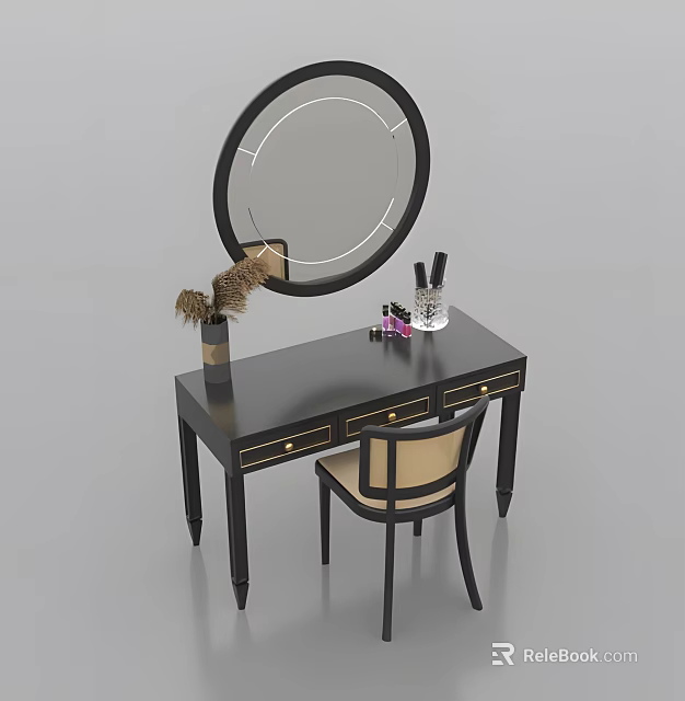 Modern Black Dressing Table and Chair Set With Round Mirror Cosmetics and Pampas Grass Decoration 3d model 