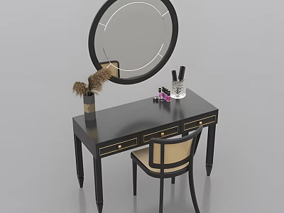 Modern Black Dressing Table and Chair Set With Round Mirror Cosmetics and Pampas Grass Decoration 3d model