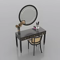 Modern Black Dressing Table and Chair Set With Round Mirror Cosmetics and Pampas Grass Decoration