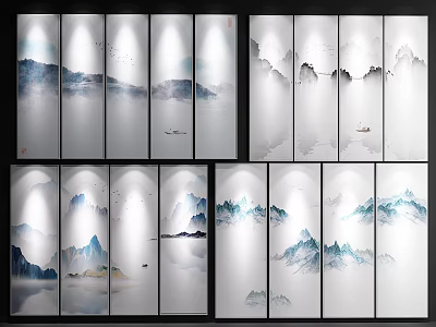 Chinese Landscape Paintings In Ink Wash Style With Mountains Water Small Boats And Screen Panels 3d model