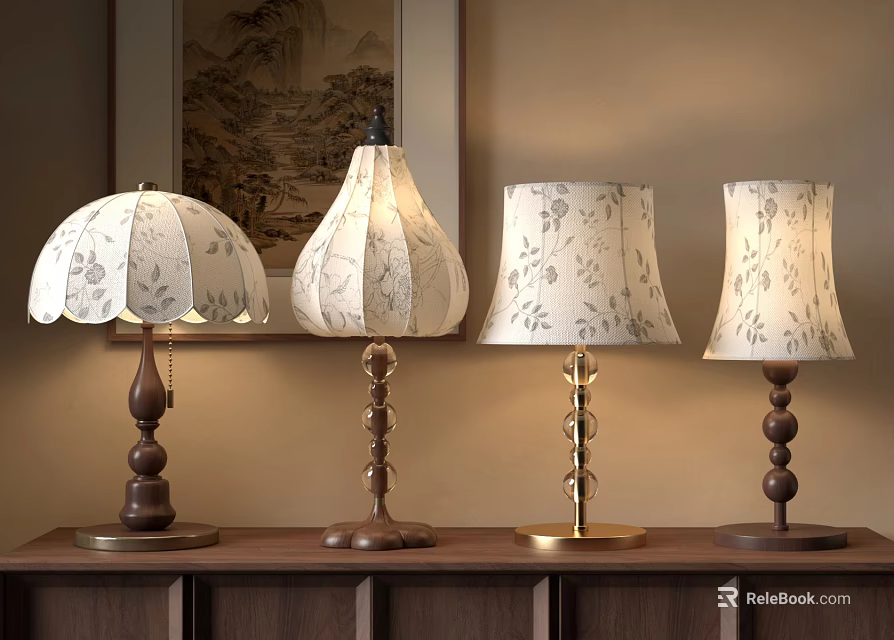 Traditional Floor Lamps With Floral Patterned Shades And Various Base Designs On Wooden Cabinet 3d model 