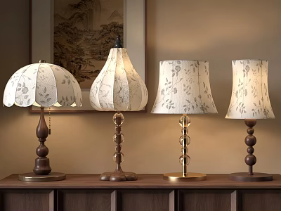 Traditional Floor Lamps With Floral Patterned Shades And Various Base Designs On Wooden Cabinet 3d model