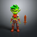 Green Haired Elf Game Character With Red Scarf Armour And Brown Sword