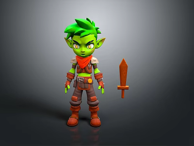 Green Haired Elf Game Character With Red Scarf Armour And Brown Sword 3d model Green Haired Elf Game Character With Red Scarf Armour And Brown Sword 3d model