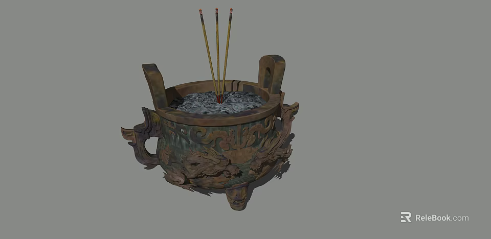 Traditional Intricate Chinese Incense Burner With Carved Dragons And Burning Sticks 3d model 