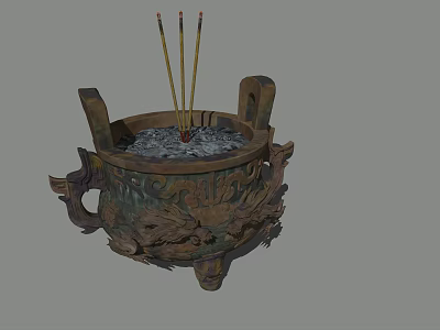 Traditional Intricate Chinese Incense Burner With Carved Dragons And Burning Sticks 3d model