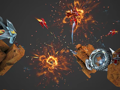 Dynamic Sci Fi Action Scene Featuring Explosion Sparks Debris Mechanical Parts And Rocks 3d model