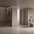 Modern Bathroom In Neutral Tones With Glass Shower And Bathtub