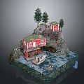 Scenic Miniature Model Featuring Red Cabins Green Roofs Pine Trees Rocky Cliff Water and Boat