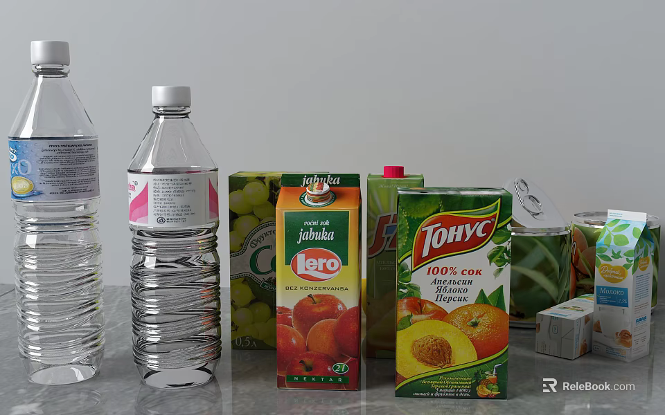 Assorted Beverages Including Jumbo Peach Juice Cartons Tomyc Drinks And Water Bottles 3d model 