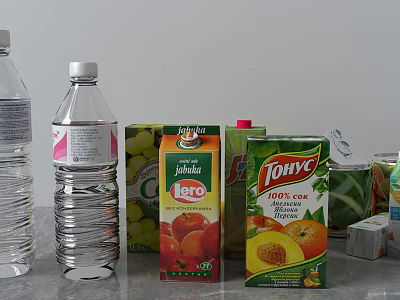 Assorted Beverages Including Jumbo Peach Juice Cartons Tomyc Drinks And Water Bottles 3d model