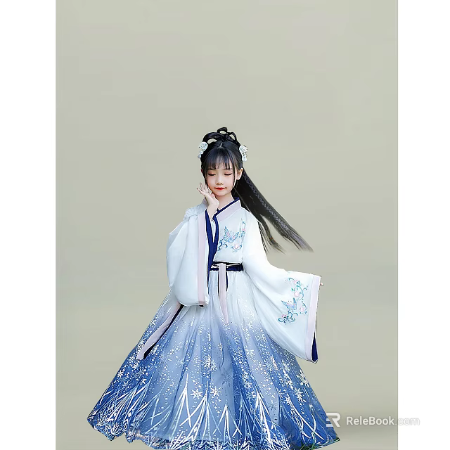Elegant Woman In Traditional Blue And White Gradient Hanfu With Embroidery And Hair Bun 3d model 