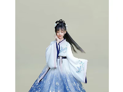 Elegant Woman In Traditional Blue And White Gradient Hanfu With Embroidery And Hair Bun 3d model