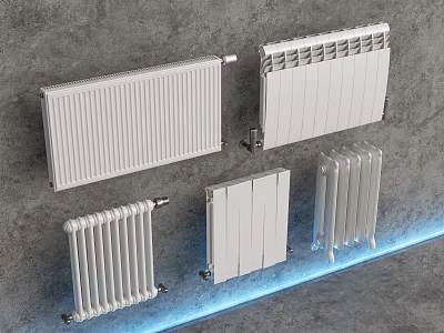 White Radiators In Various Modern Styles Mounted On Grey Wall Interior Design 3d model