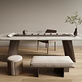 Modern Minimalist Tea Table and Chairs with Marble Top Tea Tray and Bench Ottoman