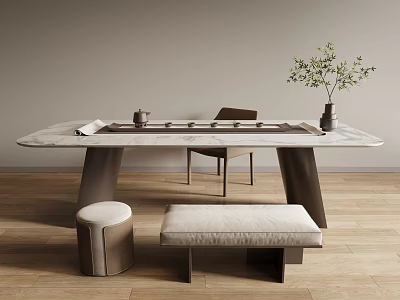 Modern Minimalist Tea Table and Chairs with Marble Top Tea Tray and Bench Ottoman 3d model