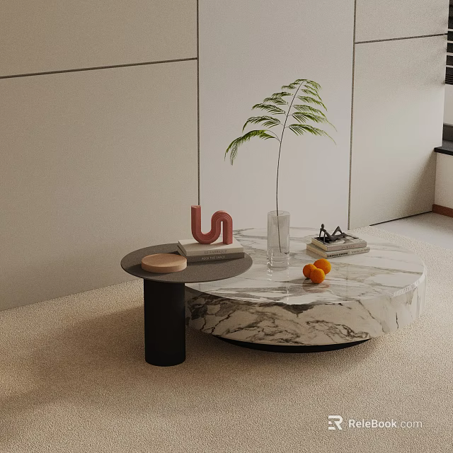 Modern Sofa Coffee Table Set with Round Marble Top Black Legs Decorative Plant Vase Fruits 3d model 