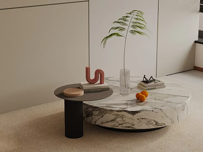 Modern Sofa Coffee Table Set with Round Marble Top Black Legs Decorative Plant Vase Fruits 3d model