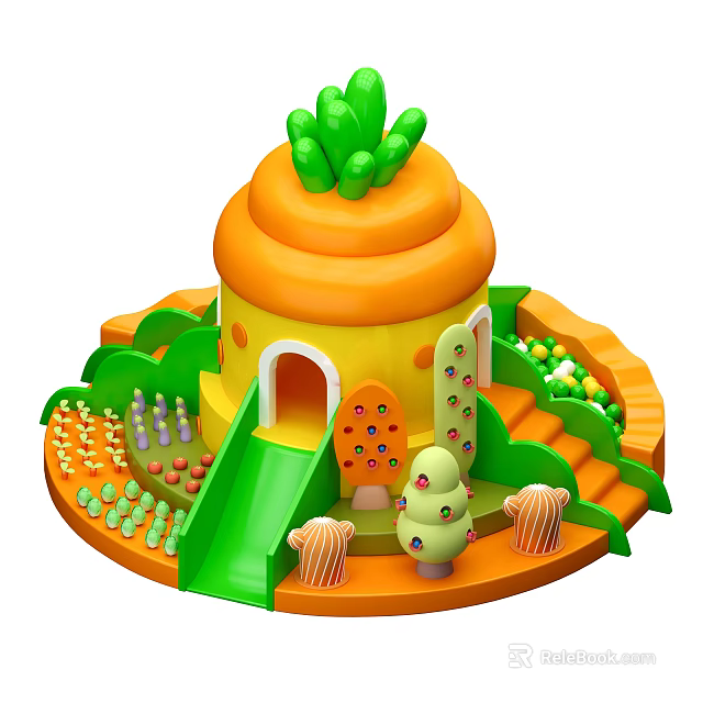 Kids Playground With Orange Main Structure Green Slide Cactus Decorations And Colorful Steps 3d model 