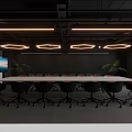 Modern Conference Room Interior With Long Table Red White Chairs Large Screen And Pendant Lighting
