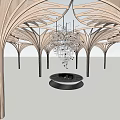 Modern Luxury Space Featuring Unique Feather Shaped Columns Arched Ceiling Metallic Chandelier And Circular Countertop