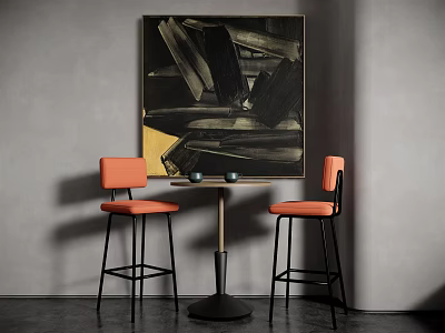 Orange Bar Stools With Black Metal Legs By Round Table And Abstract Painting On Gray Wall 3d model