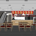 Modern Restaurant Interior With Red Counter Wooden Tables Hanging Lights And Menu Board