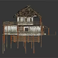 Two Story Traditional Stilt House With Thatched Roof Wooden Structure And Balcony