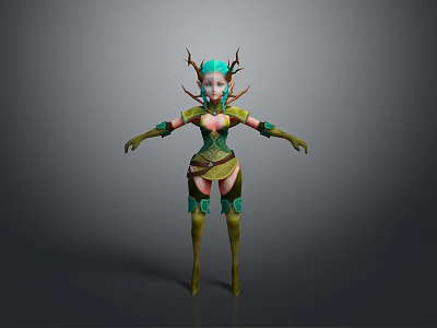 Antlered Woman in Forest Themed Green and Brown Ornate Outfit with Leaf Accents 3d model