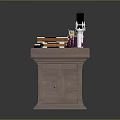 Wooden Writing Desk With Open Book Stacked Books Candles Small Bottles And Drawers