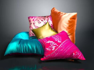 Colorful Decorative Pillows Stacked With Blue Pink Orange Gold Patterns And Solid Designs 3d model
