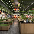 Modern Food Service Kitchen with Green Accents Multiple Counters and Food Display Areas