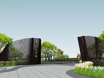 Modern Entrance Gate Design With Vertical Slats And Surrounding Greenery 3d model