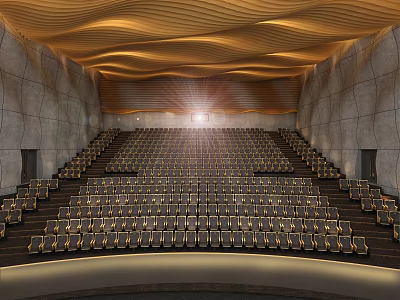 Spacious Auditorium Interior With Rows Of Seats Curved Wooden Ceiling And Stone Walls 3d model