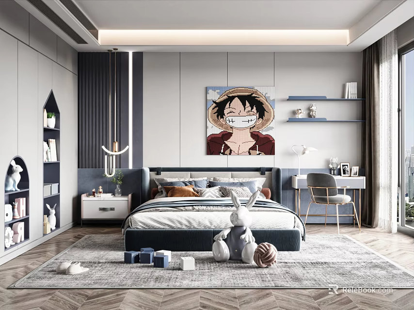 Modern Kids Room Interior Design With Bed Bookshelf Rabbit Plush And Decorative Art 3d model 
