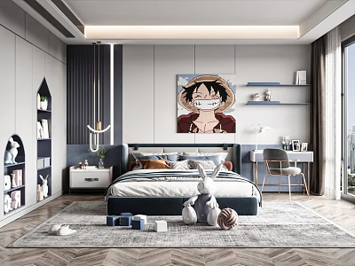 Modern Kids Room Interior Design With Bed Bookshelf Rabbit Plush And Decorative Art 3d model