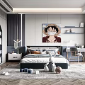 Modern Kids Room Interior Design With Bed Bookshelf Rabbit Plush And Decorative Art