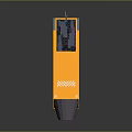 Yellow Industrial Machinery With Vertical Body Black Components Warning Stripes And Gray Base