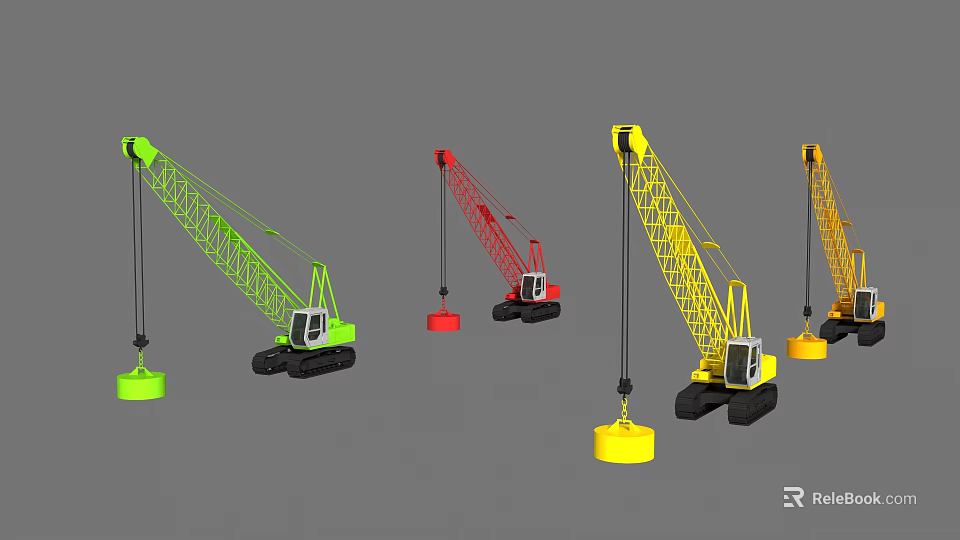 Functional Construction Cranes In Various Colors With Tracked Chassis Boom And Hooks 3d model 