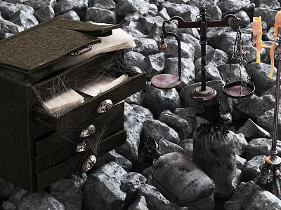 Ancient Weapon Among Stone Piles With Old Drawer Cabinet Balance Scale And Candles 3d model