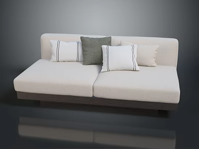Multi Person White Sofa With Striped And Solid Color Cushions And Dark Wooden Base 3d model