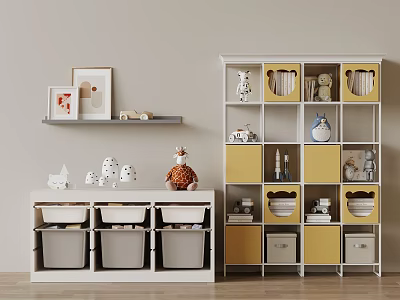White Frame Bookcase With Multiple Compartments Yellow Storage Boxes Books And Decorative Ornaments 3d model