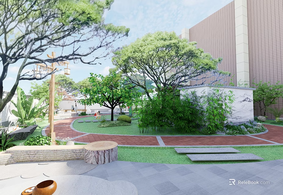 Park Landscape With Lush Trees Bamboo Stone Pathway Green Lawn Seating And Modern Building Backdrop 3d model 